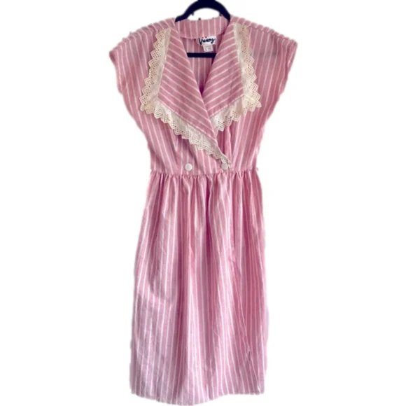 VINTAGE Red & White Stripe Midi Wrap Dress with Lace Collar Summer Dress Made US - Picture 2 of 8